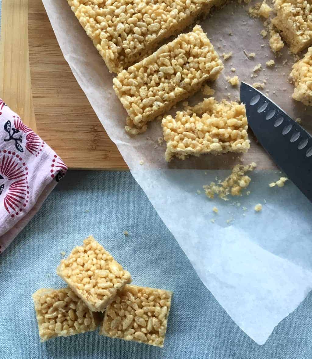 Just A Mum Honey Rice Bubble Slice cut up