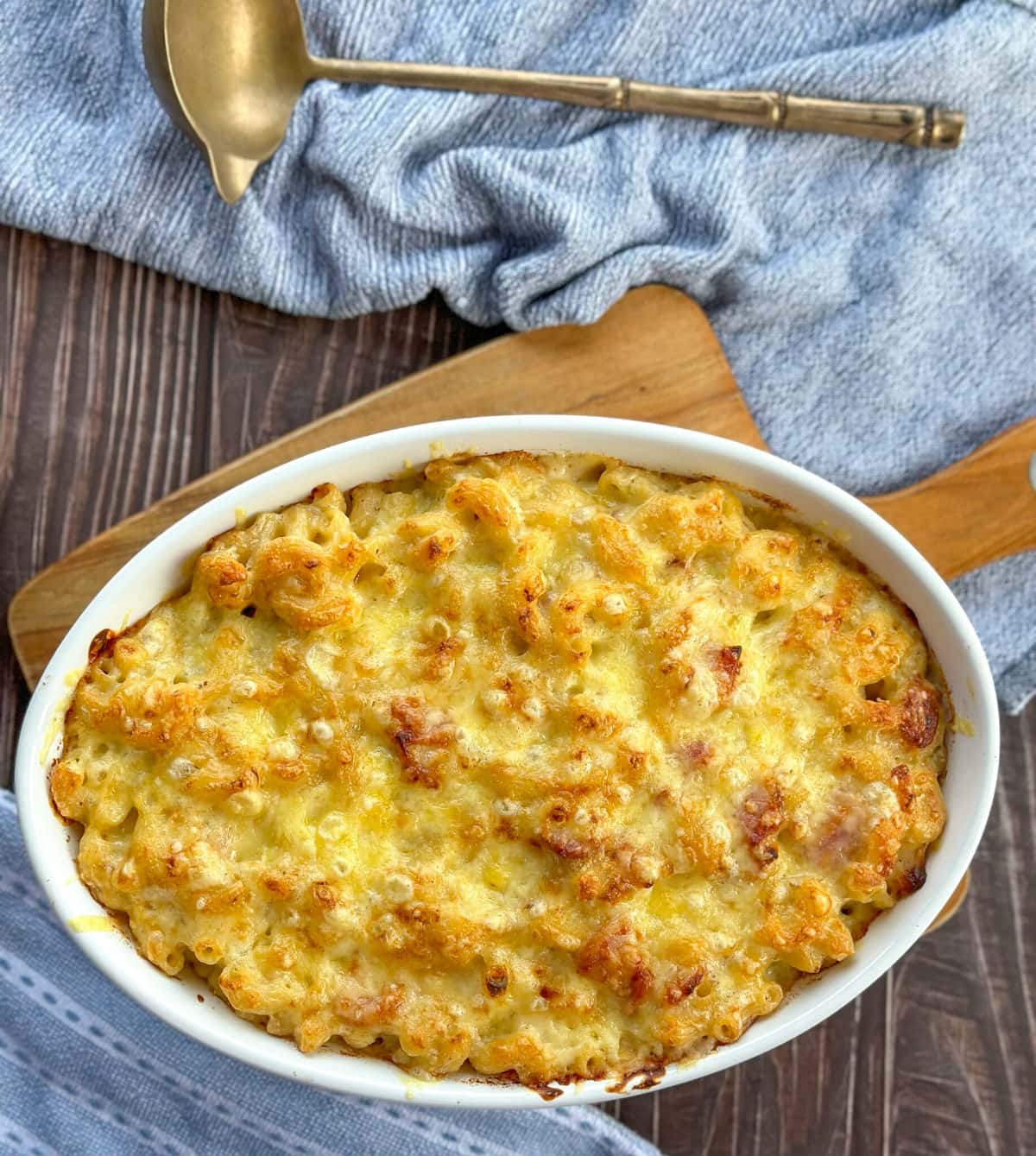Golden Macaroni Cheese in a white oven dish
