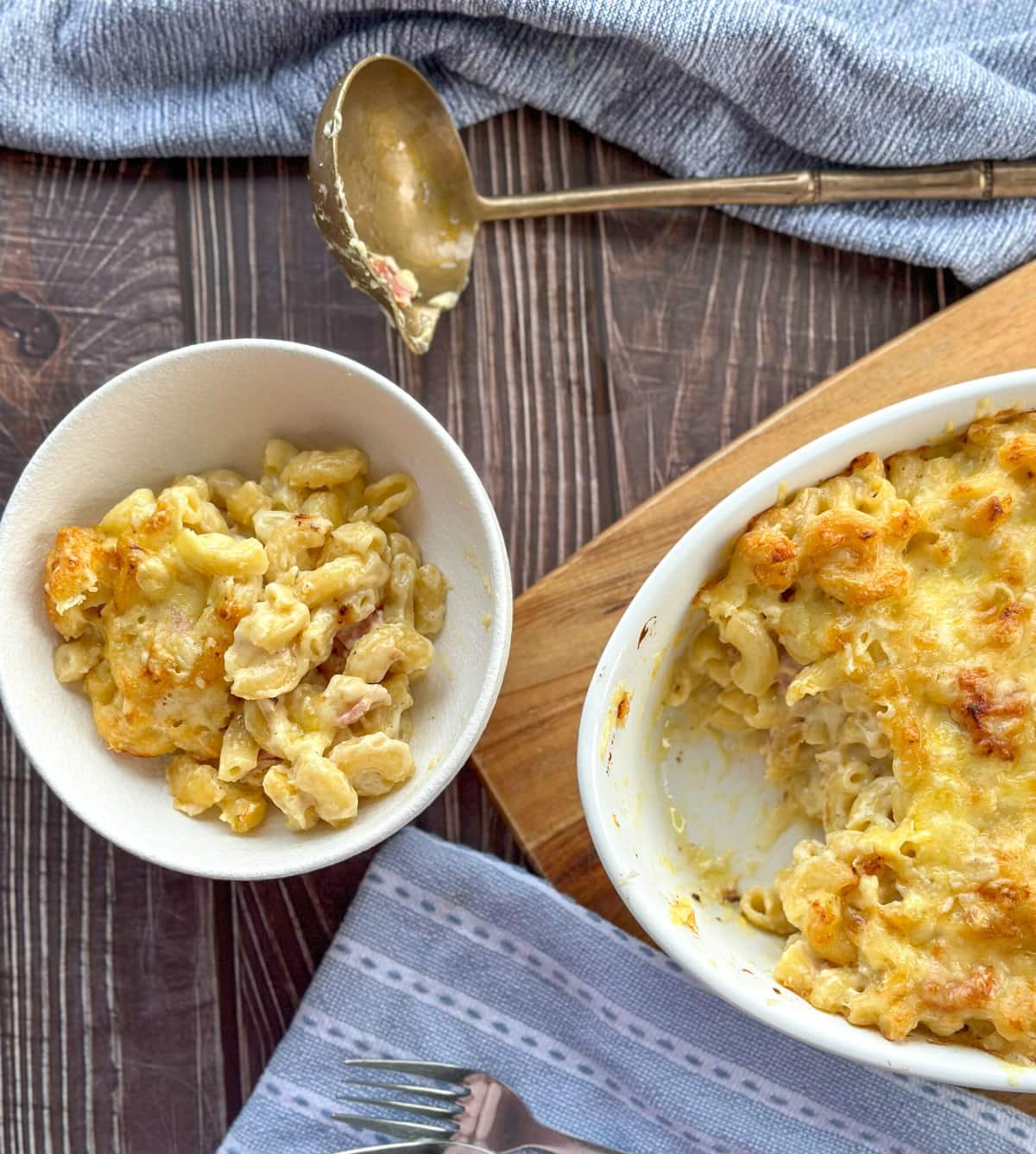 Spoonful of Macaroni Cheese in a White Bowl