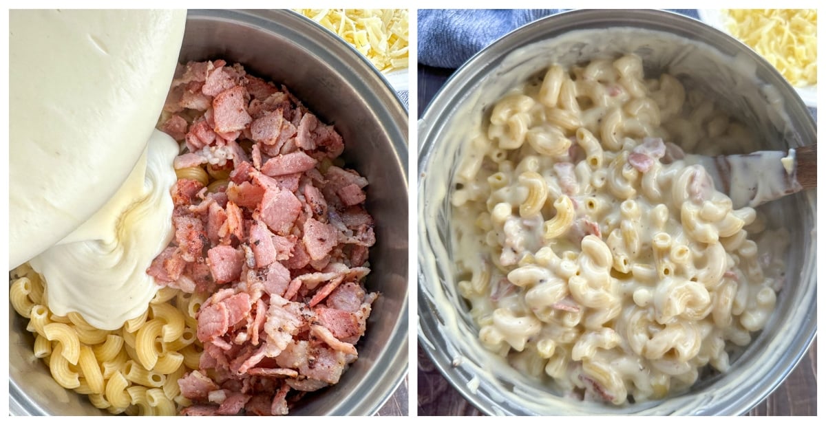 Combining Cheese Sauce With bacon and Macaroni