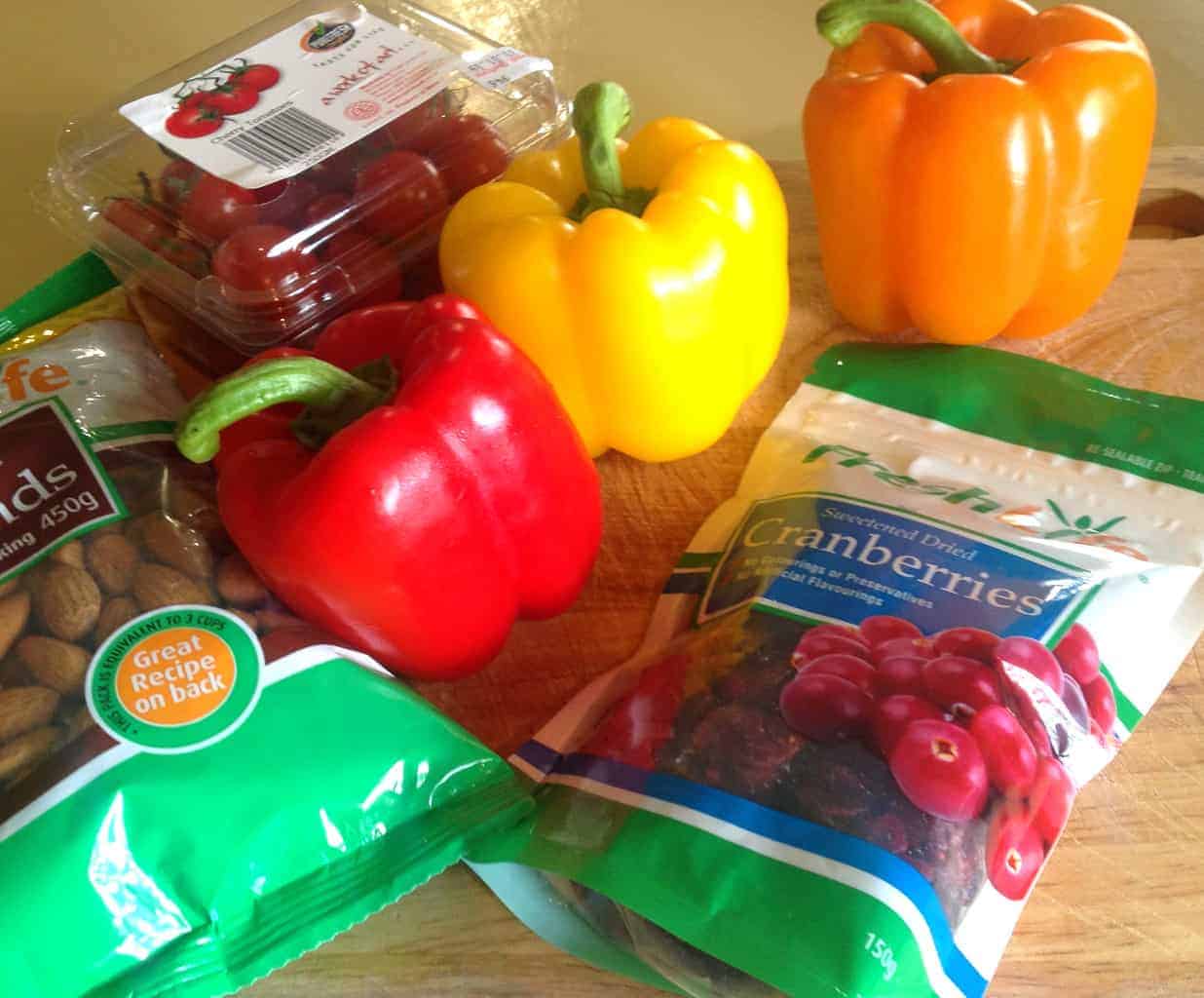 Summer Pasta Salad Ingredients - Vegetables, cranberries and almonds