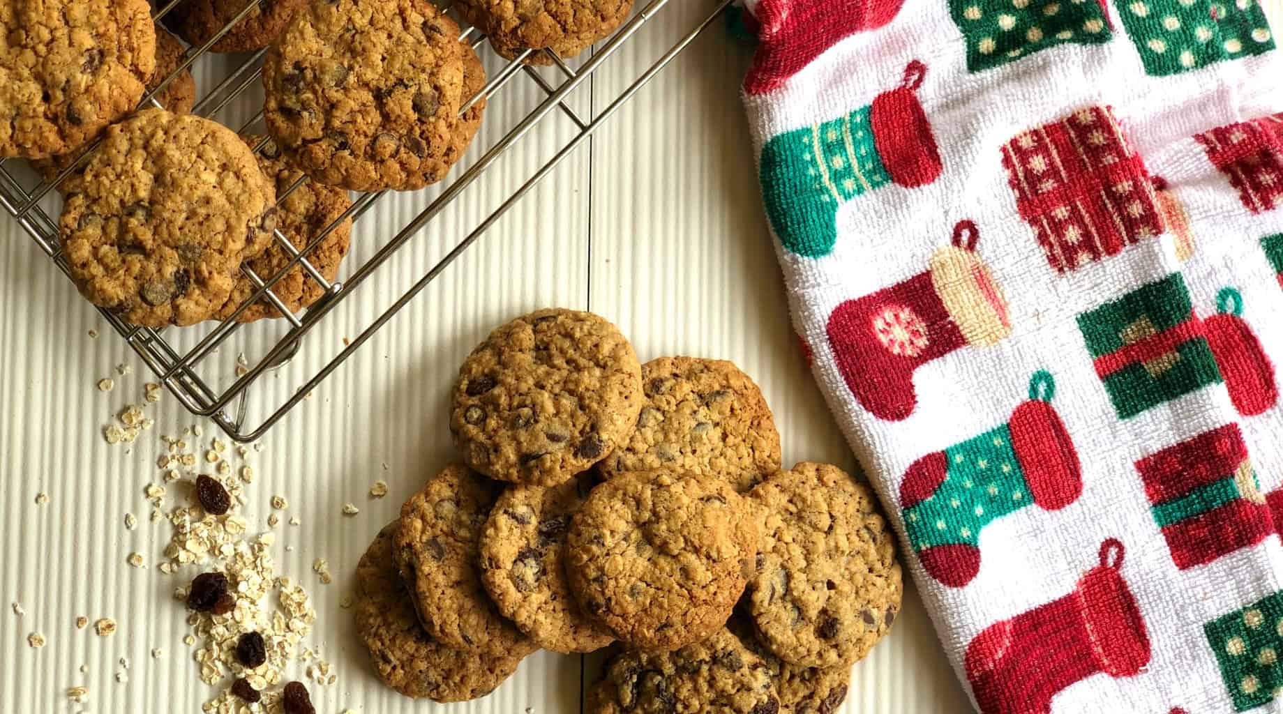 Overhead photo of oatmeal cookies cooling on the tray