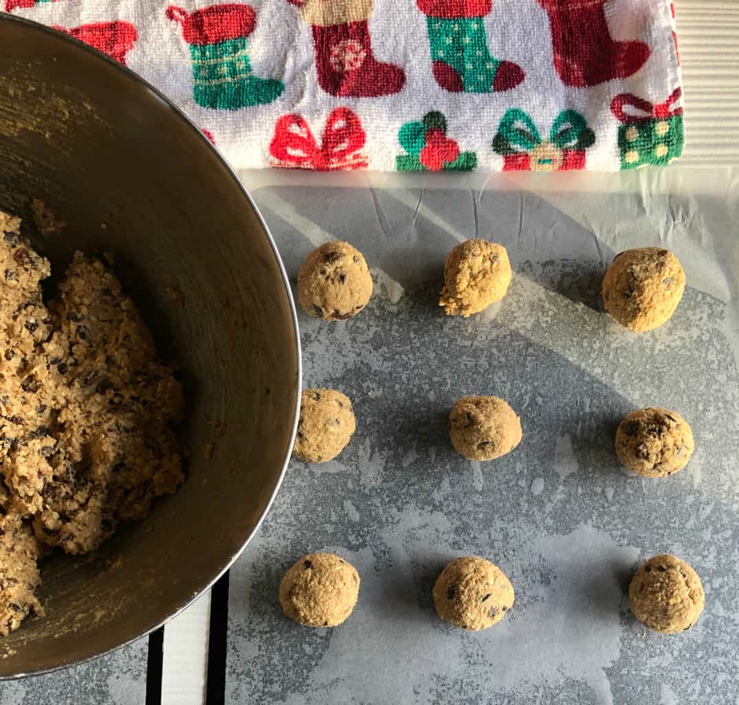 Just A Mum Oatmeal Raisin Cookies, raw dough rolled into balls. 