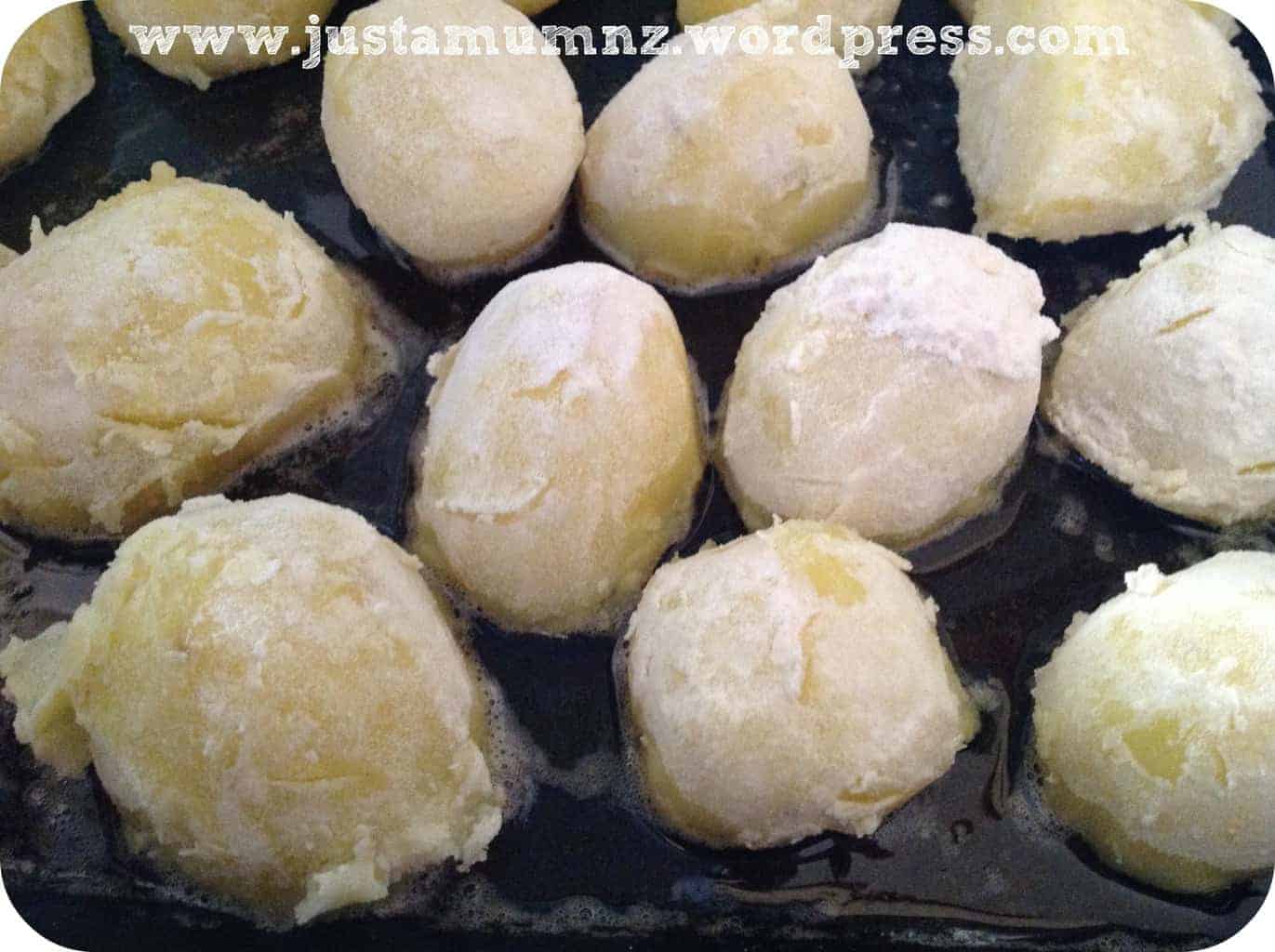 Bake the par boiled potatoes in a mixture of butter and oil 