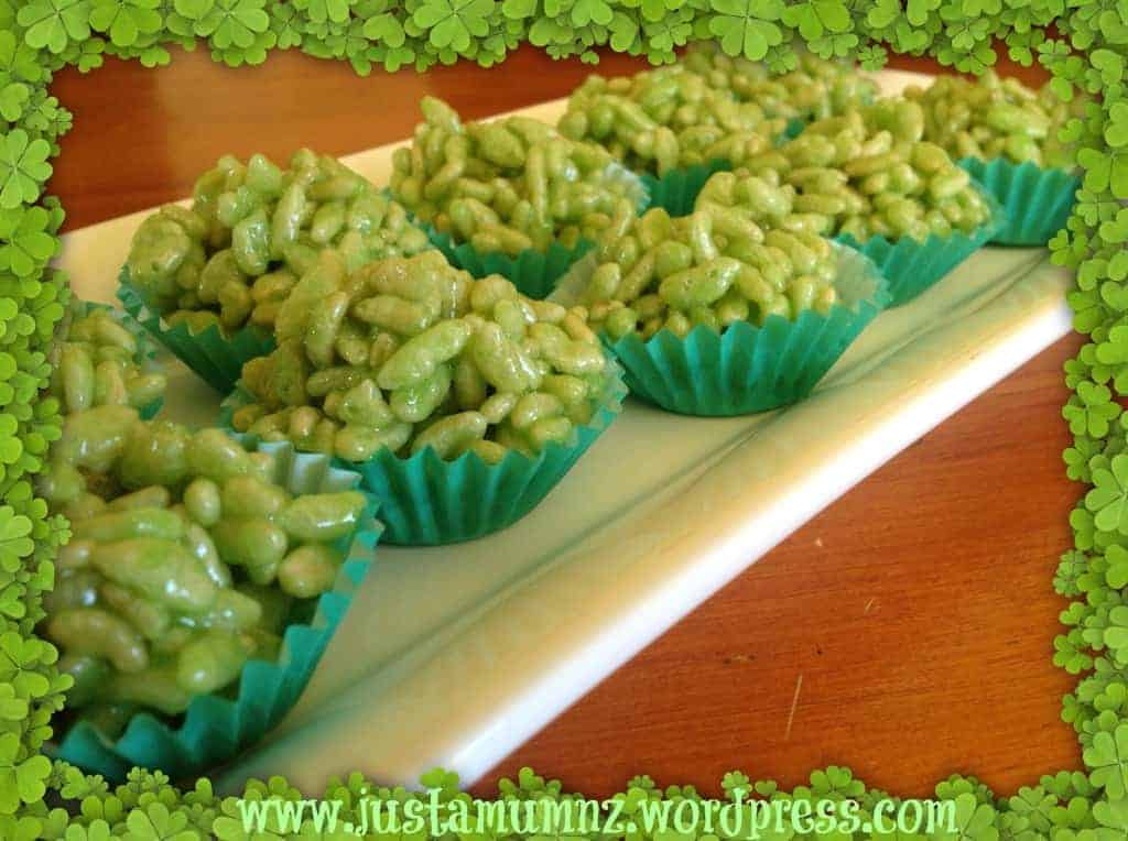St Patrick's Day Honey Rice Bubble Crunch treats on a white platter