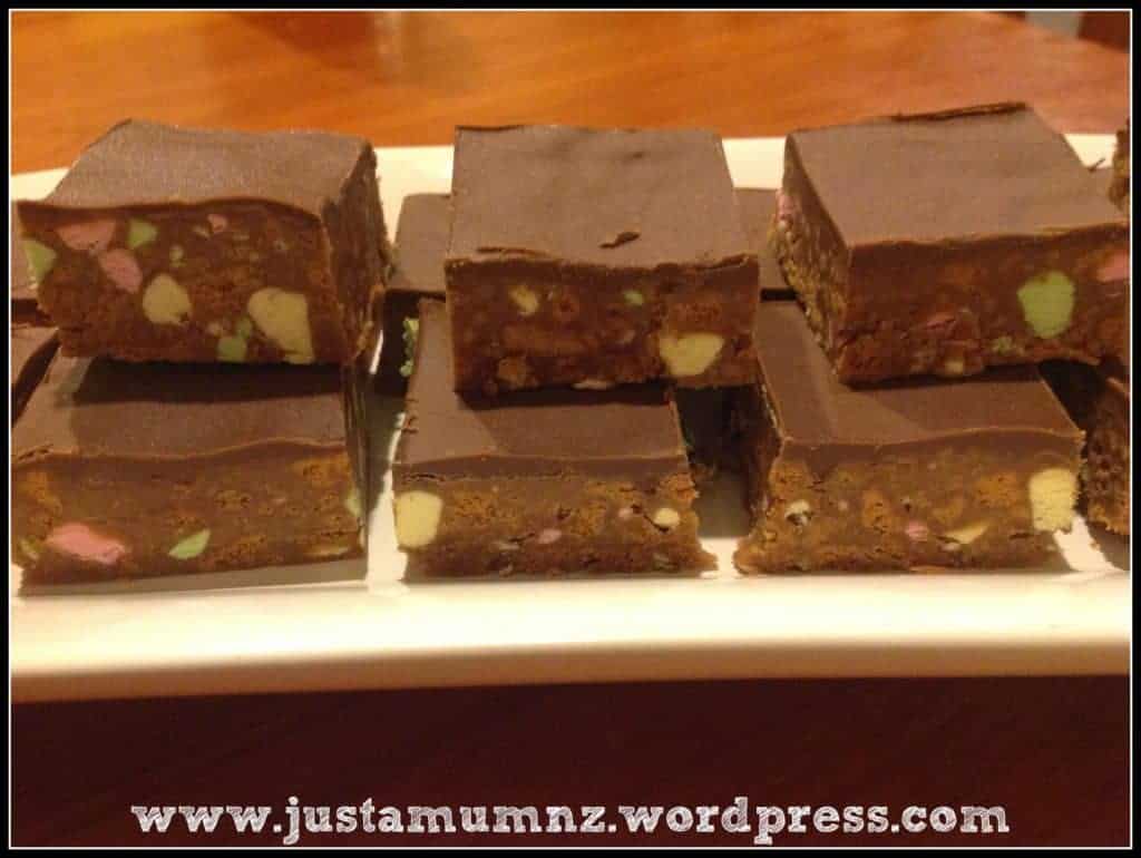 Chocolate Clinker Slice on a white plate