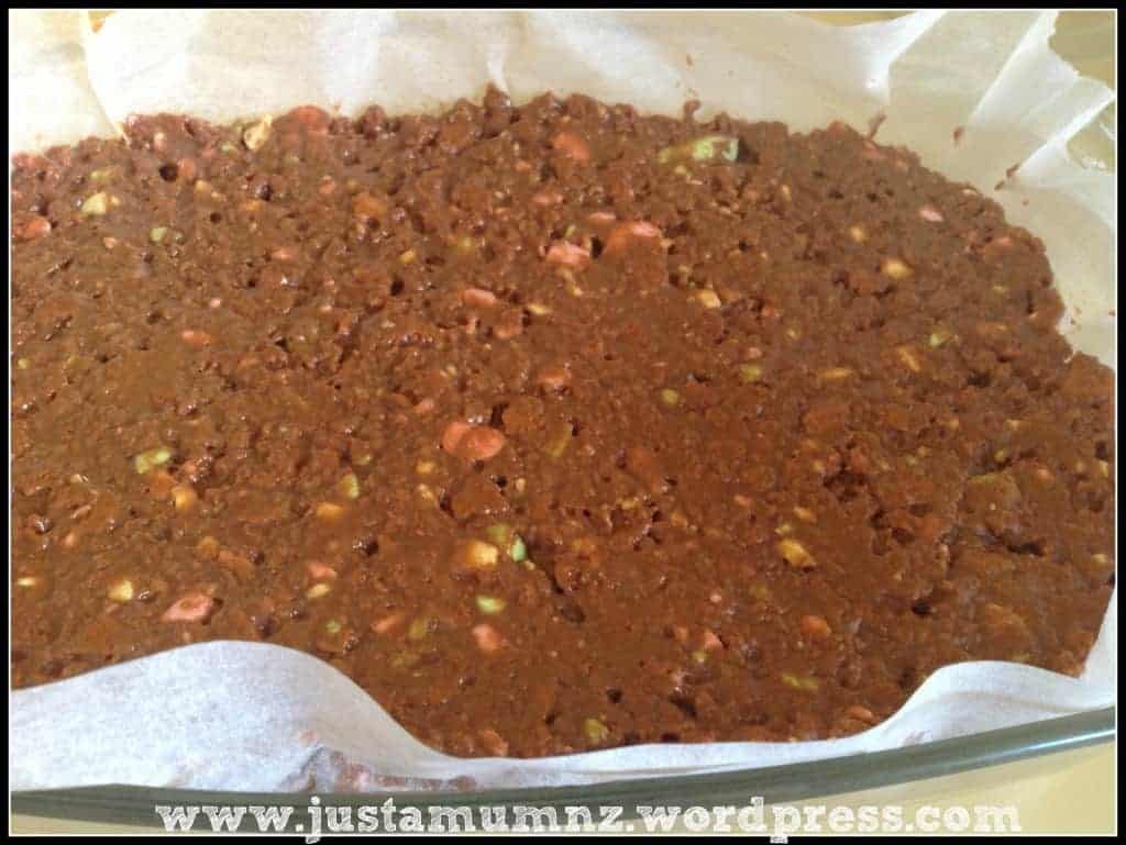 Chocolate Clinkers Slice mixture pressed into tray