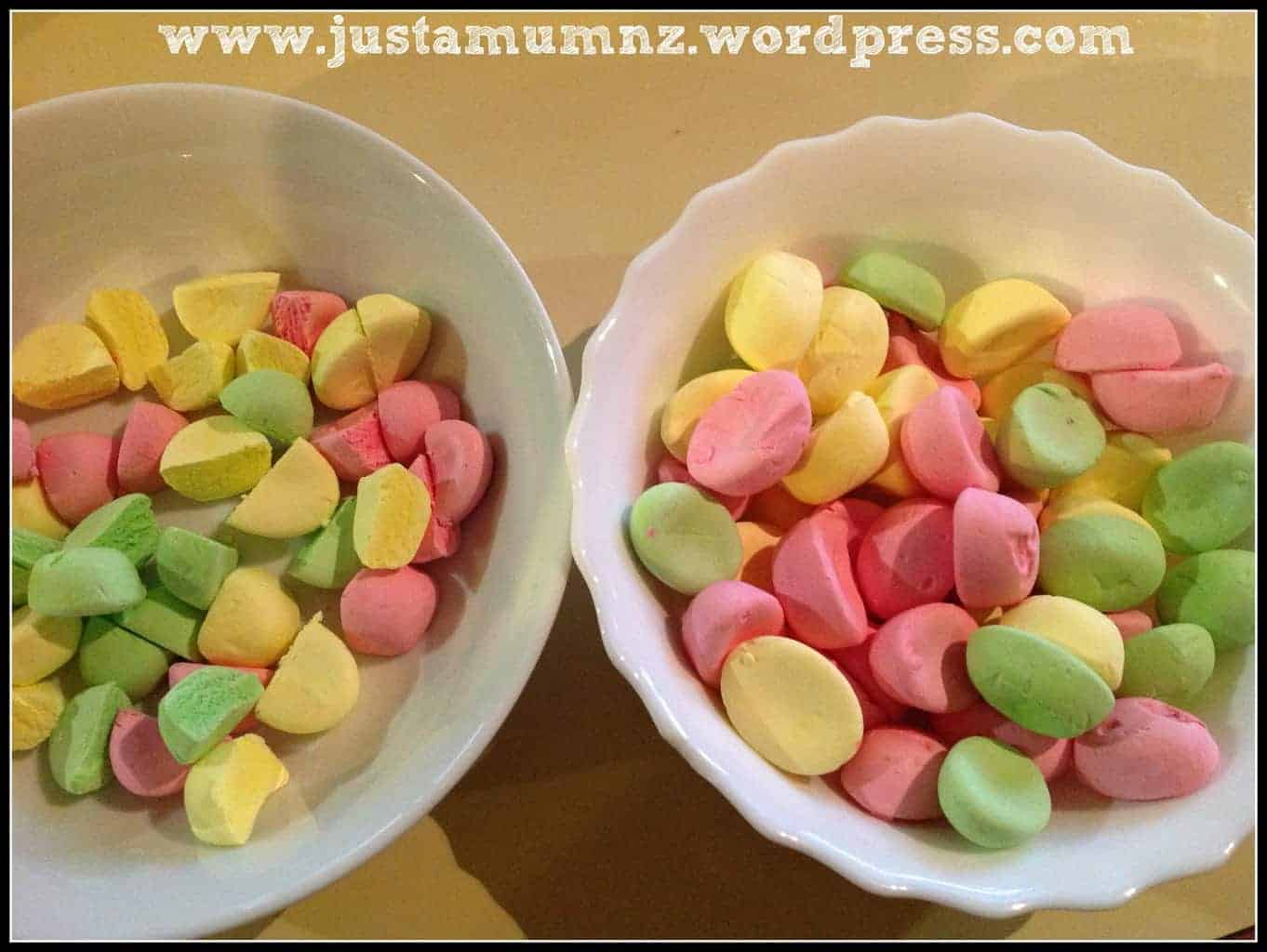 Bowls of fruit puffs, cut in half 