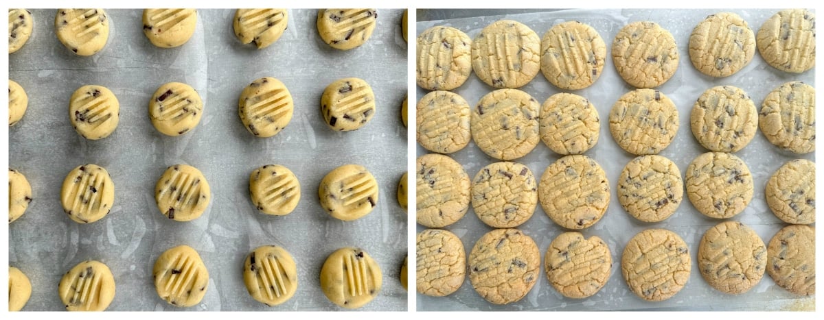 Biscuits on an oven tray before and after baking