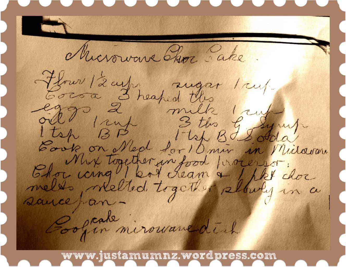 Handwritten recipe for microwave chocolate cake