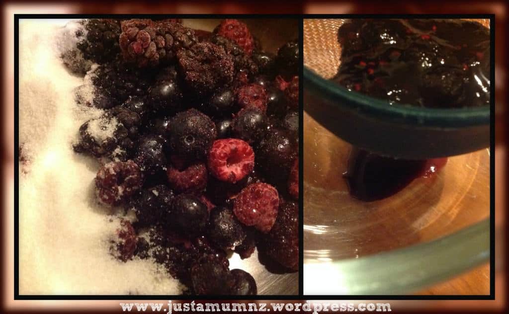 White Chocolate Cheesecake making the berry coulis