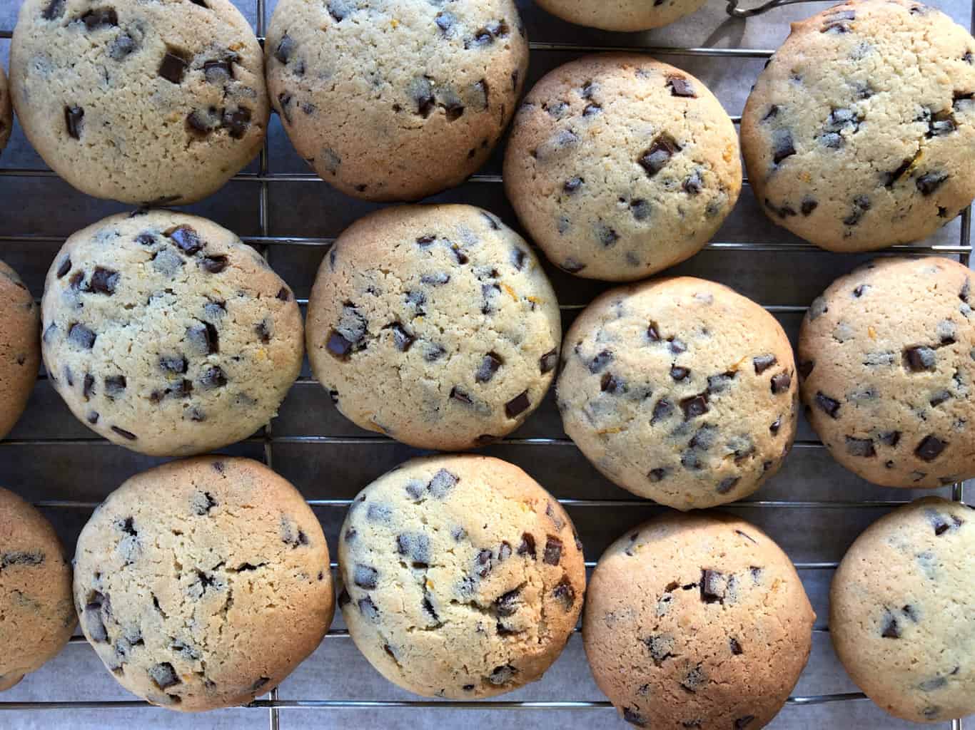 Just A Mum Orange Chocolate Chip Cookies cooling on a rack