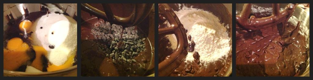 A collage of the steps for making chocolate brownie in a mixing bowl