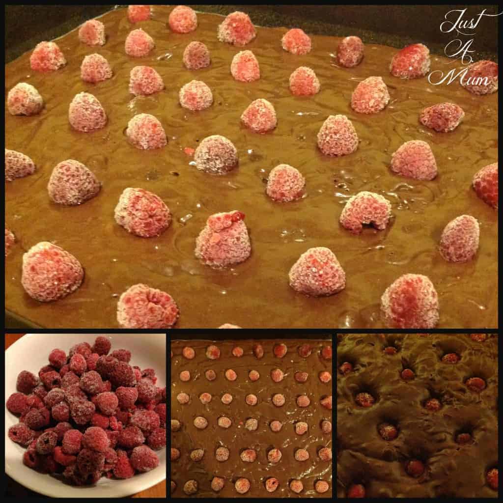 Frozen raspberries placed in a brownie before and after cooking 