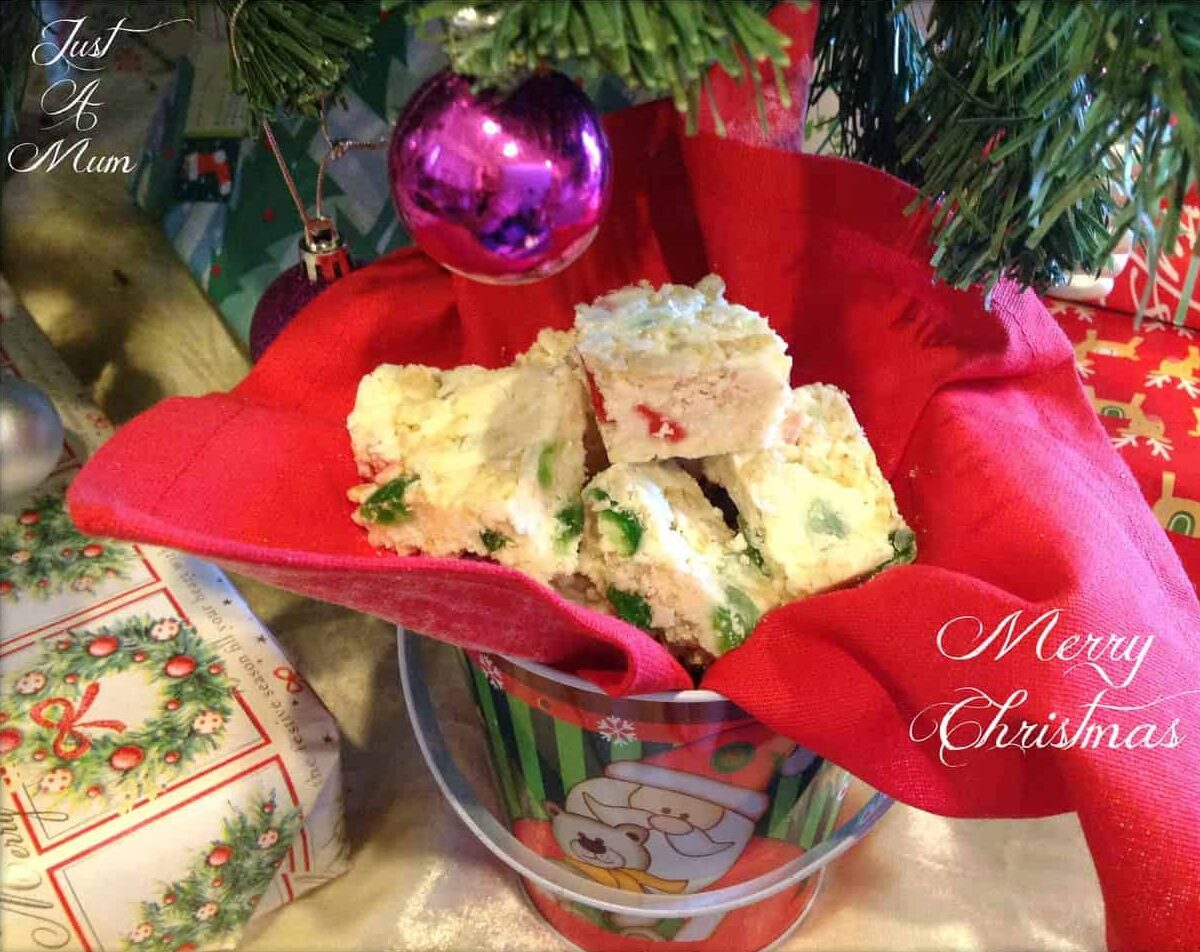 Pieces of White Christmas in a santa bucket