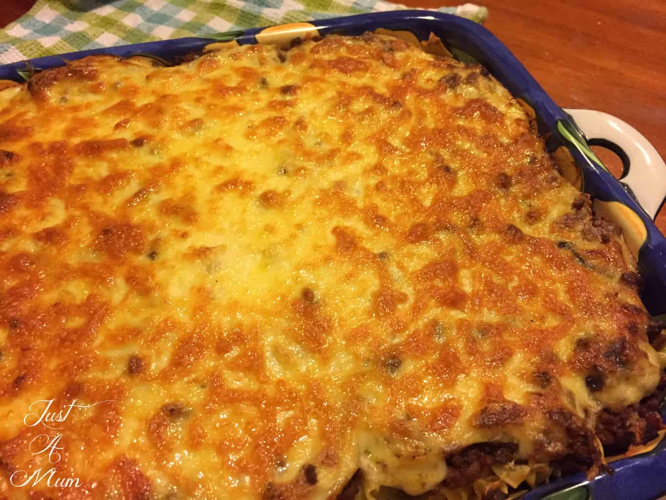 Just a Mums Lasagne in a blue baking tray