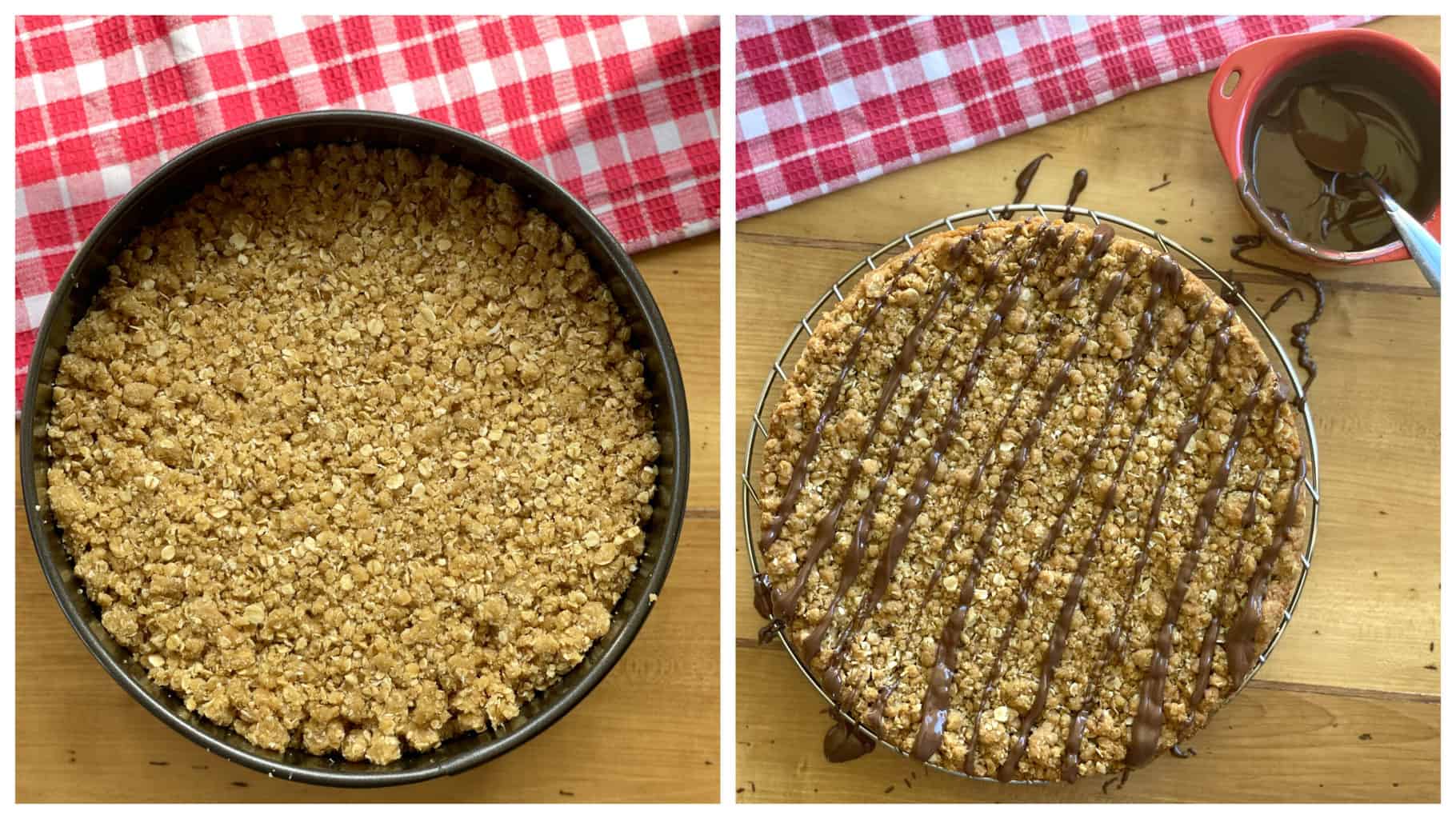 Anzac Slice before baking and after chocolate drizzle 