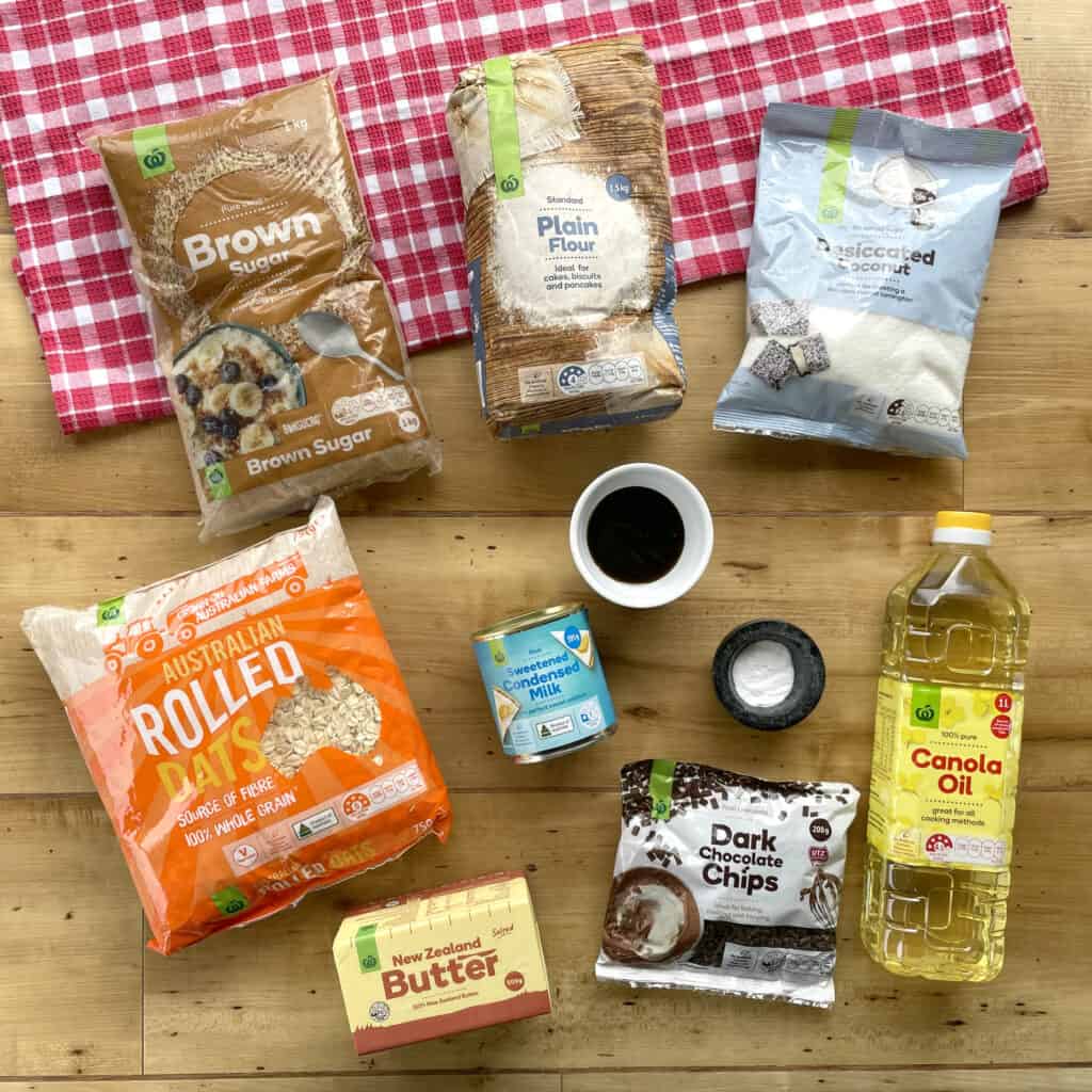 Ingredients used to make Anzac slice with a caramel centre.