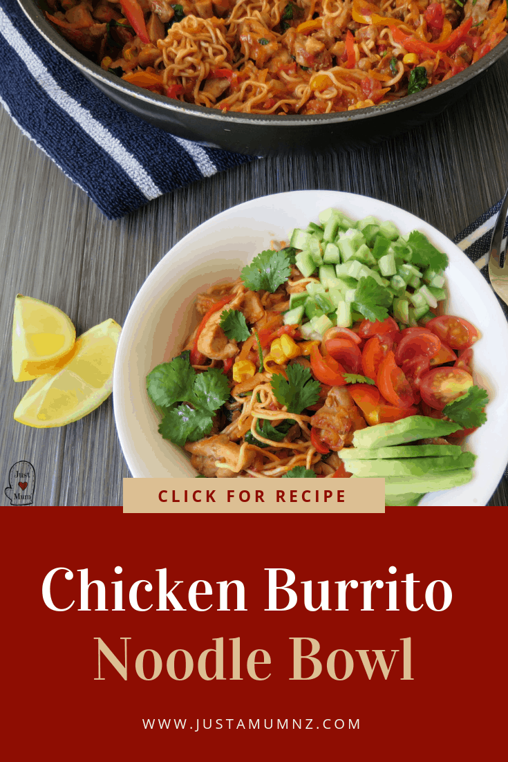This healthy Chicken Noodle Burrito Bowl is absolutely delicious and so easy to make. I hope you enjoy this delicious recipe made in one pot loaded with fresh vegetables and noodles. #recipe #chickenburritobowl #chicken #onepot #easy #healthy #summersalad