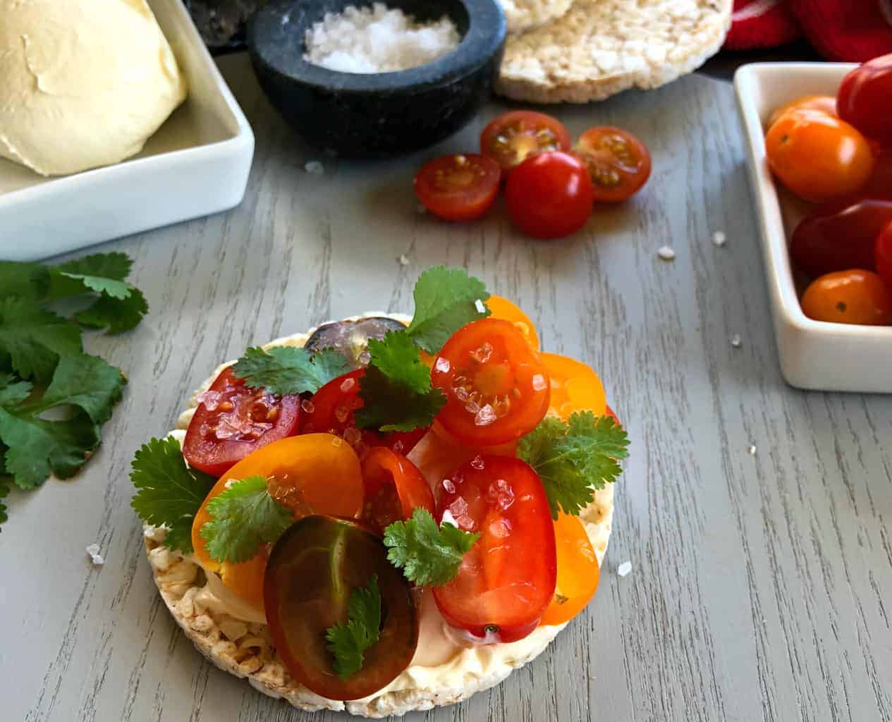 Just A Mum Tomato, cream cheese, coriander, sea salt Rice cake Topping