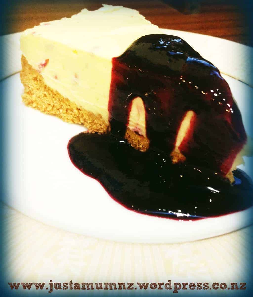 Just a Mums White Chocolate Cheesecake with Berry Coulis