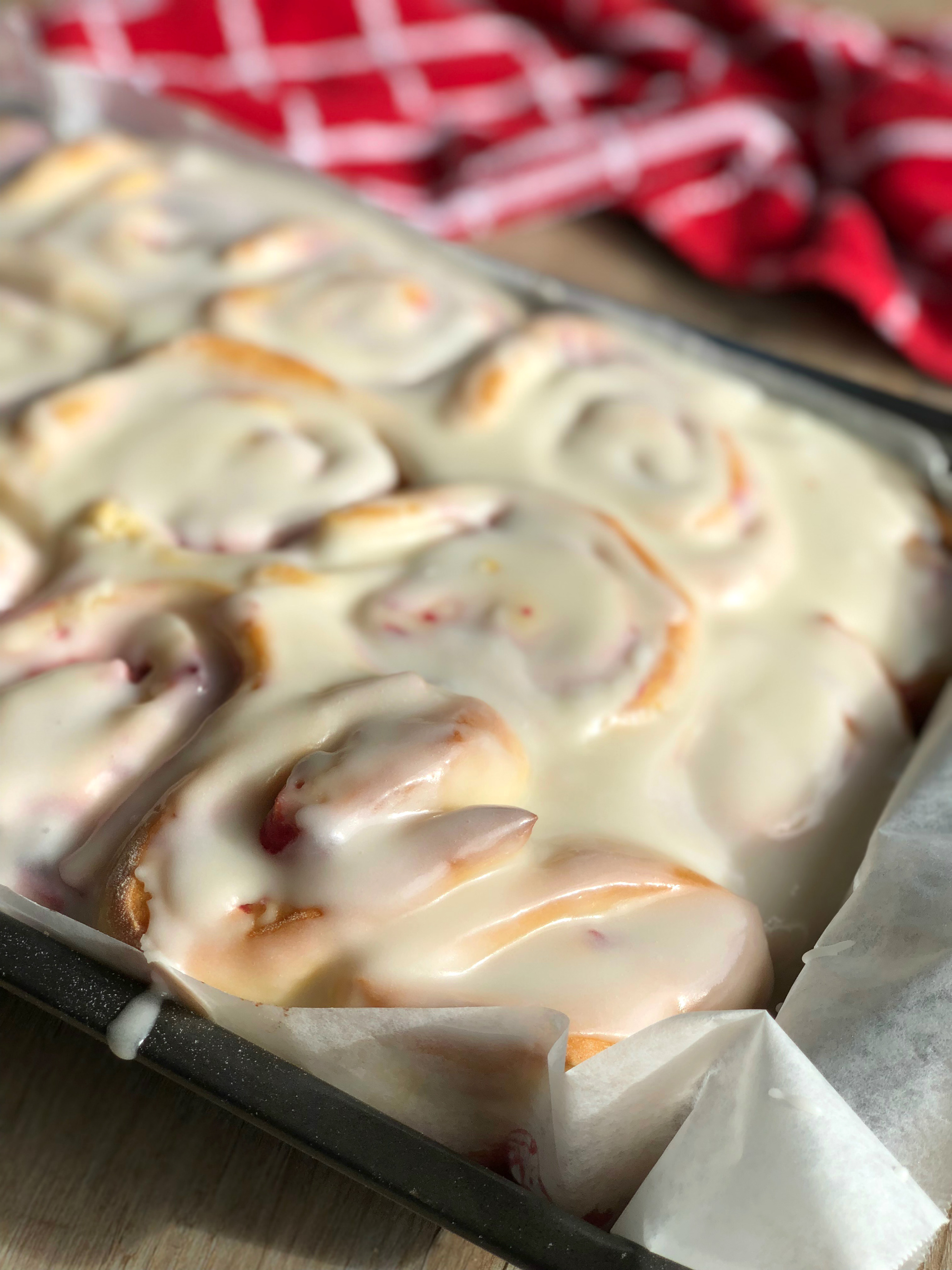 Raspberry Lemon Soft Rolls smothered in Lemon Icing