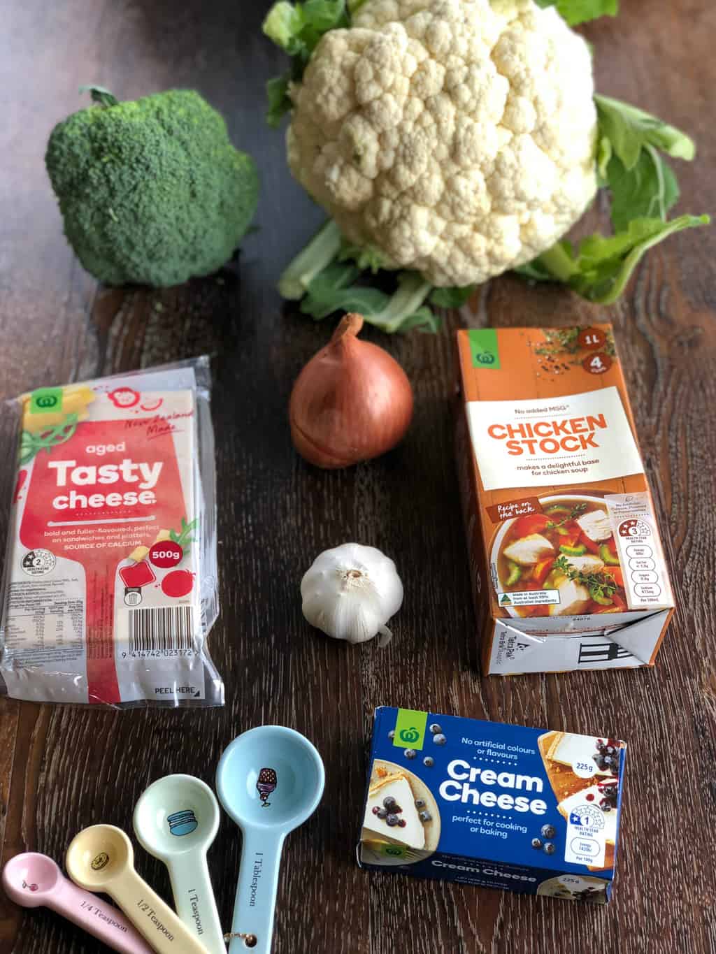 Ingredients for my Soup - Cauliflower and Broccoli, Cream Cheese, Chicken Stock