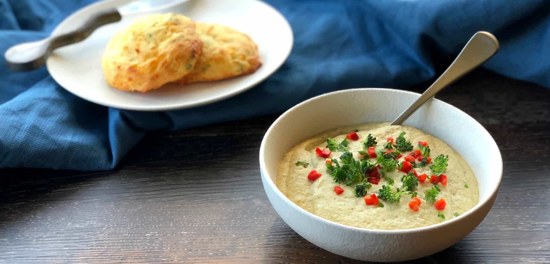 Winter Crock Pot Soup Served with Cheese Puffs