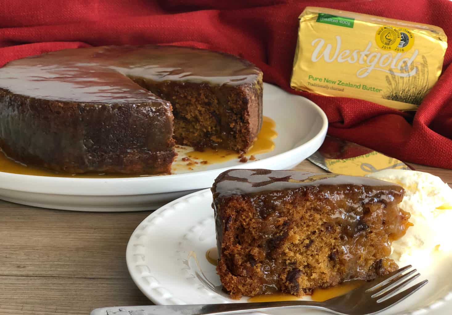 Slice of Sticky Date Pudding Served with Butterscotch Pudding