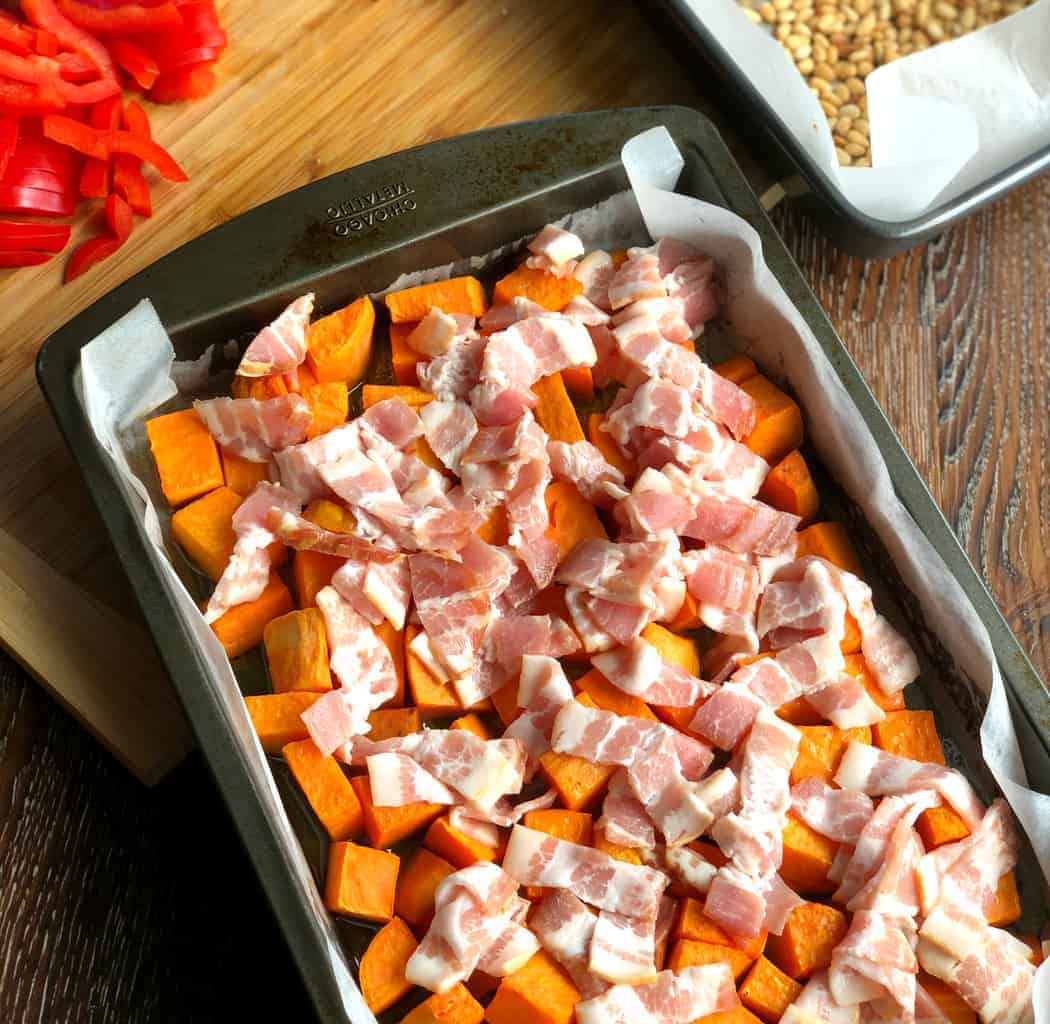 Spread Bacon on the Par baked Kumara