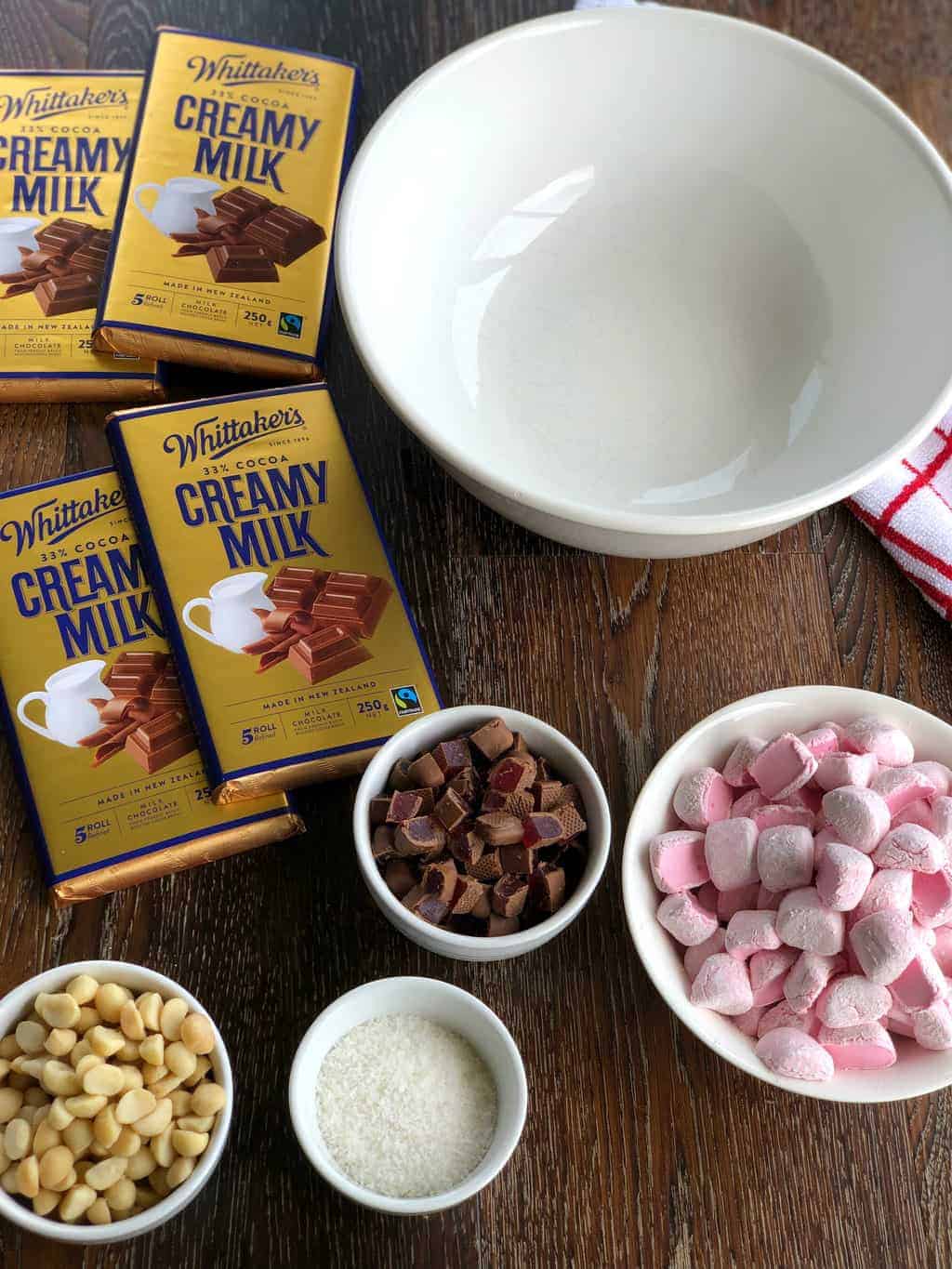 Ingredients, Macadamia Nuts, Coconut, Turkish Delight and Marshmallows