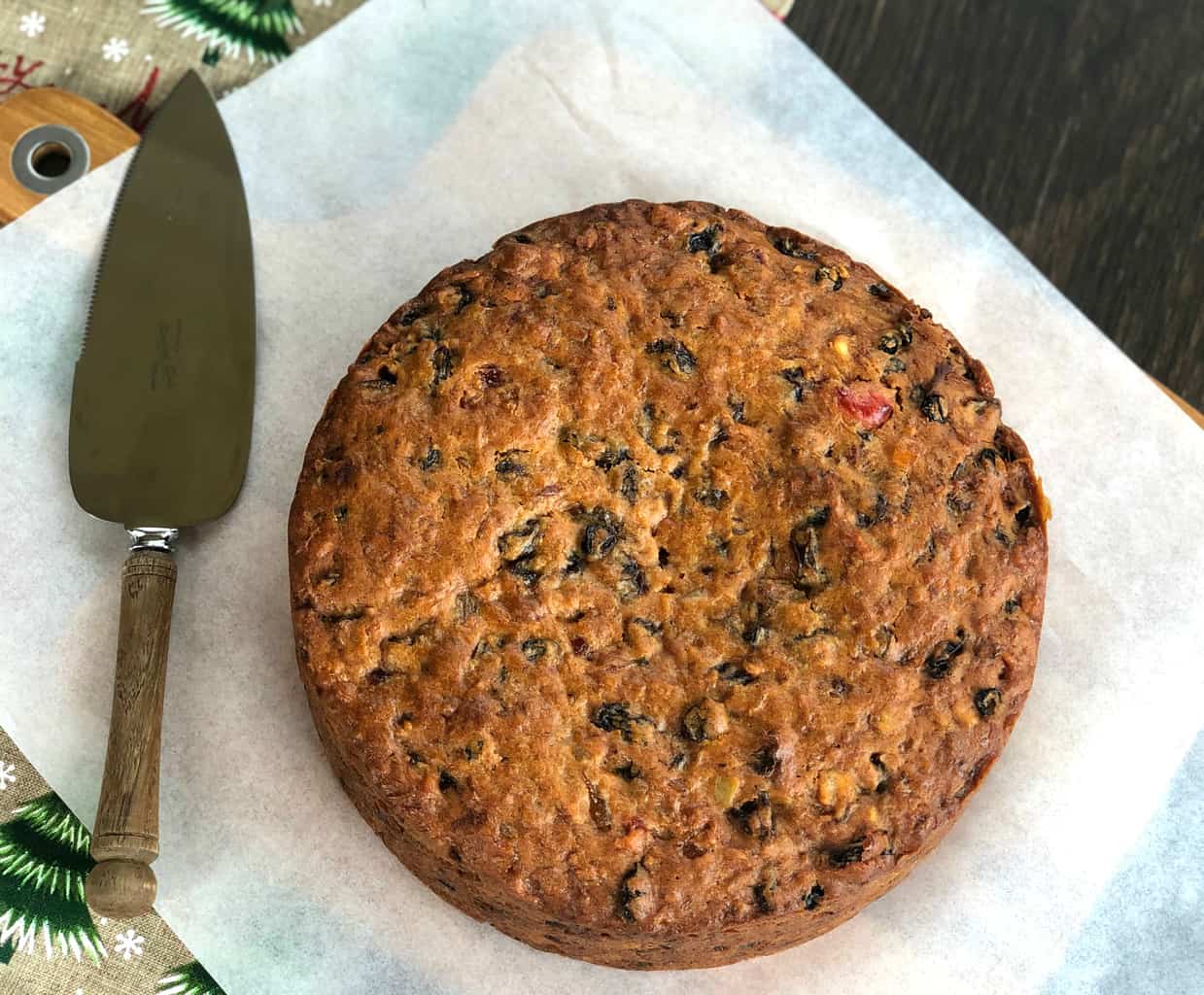 Overhead view of completed Christmas cake