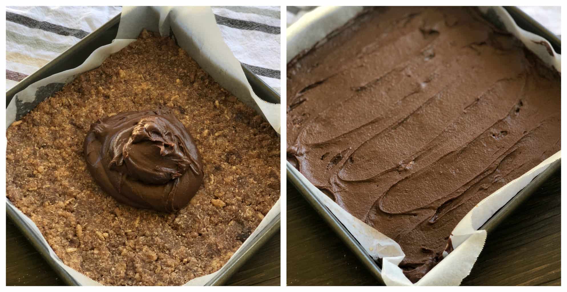Two photos showing the icing in a pile on the base and the other with the icing spread over the baked slice