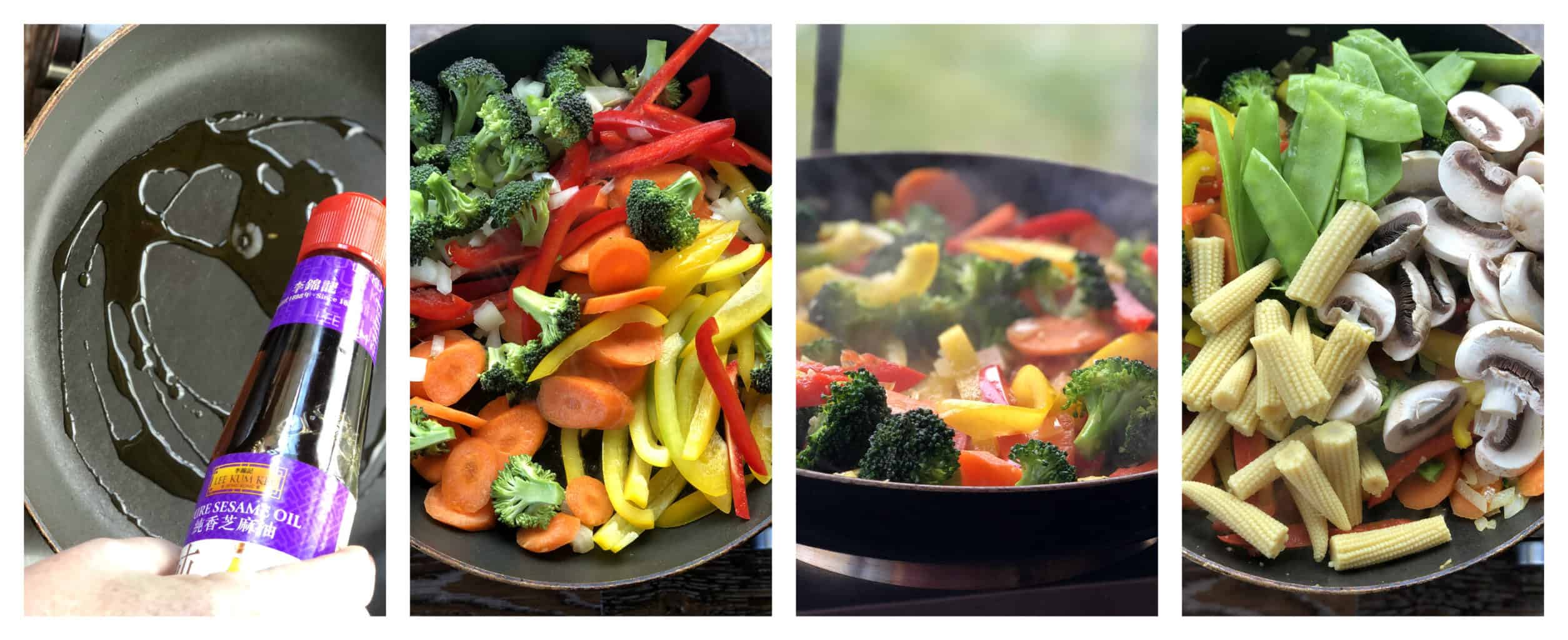 4 images showing step by step process of making a stir fry