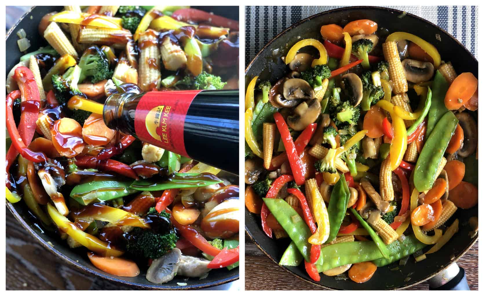 Two photos in a collage showing how to add sauce to the stir fry