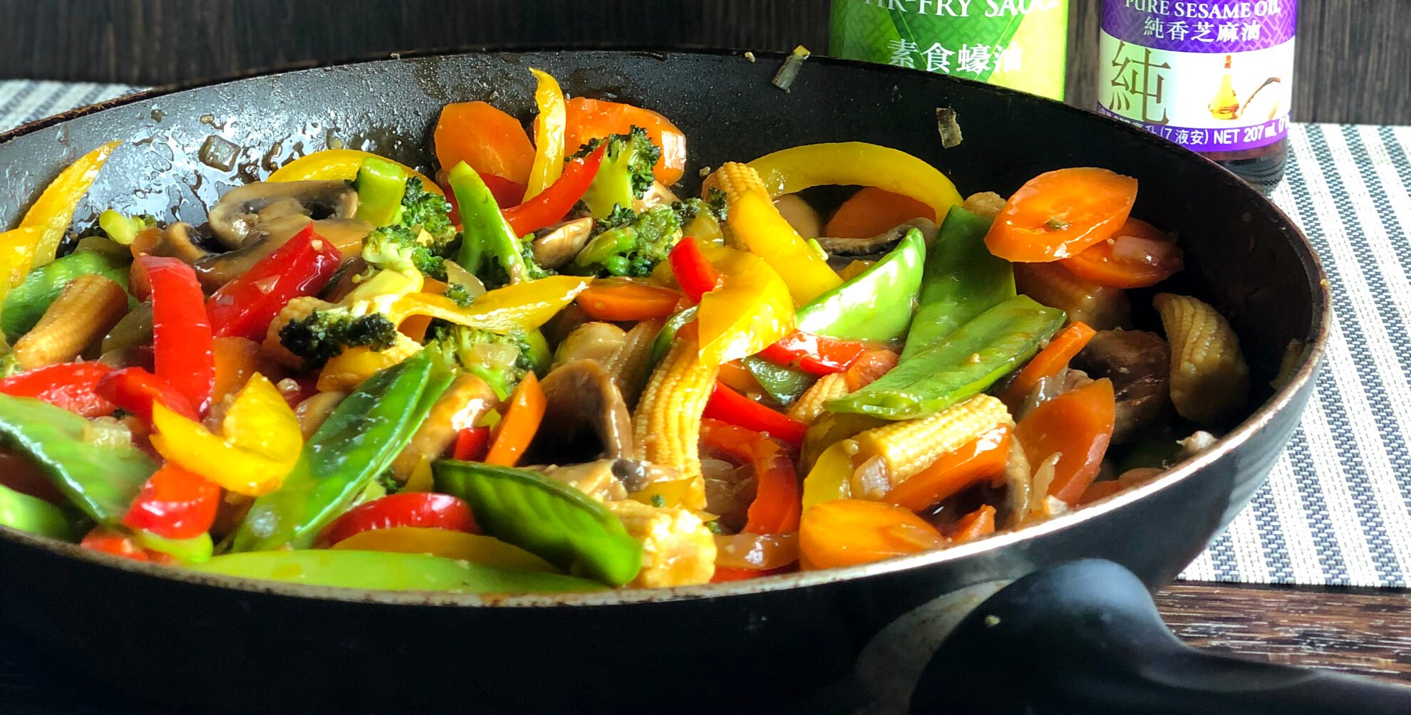 Frying pan full of stir fried vegetables