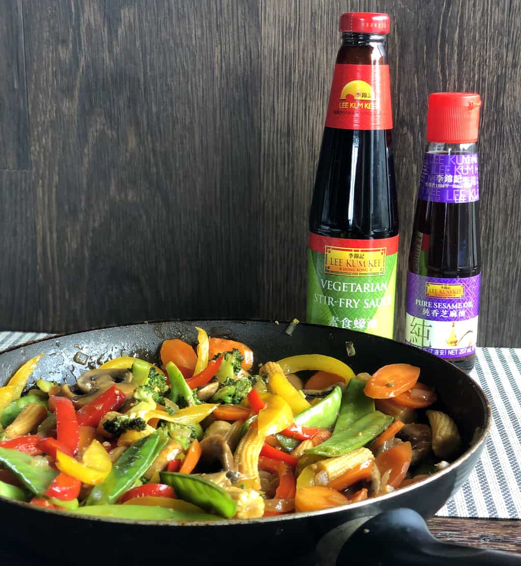 Frying pan full of stir fried vegetables