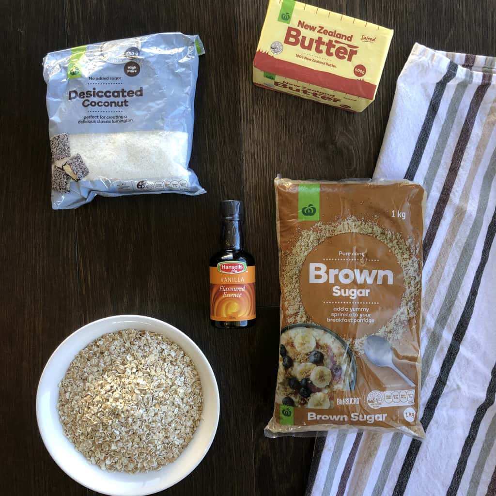Ingredients for the Rolled Oat Crunch, coconut, butter, vanilla, brown sugar and rolled oats 