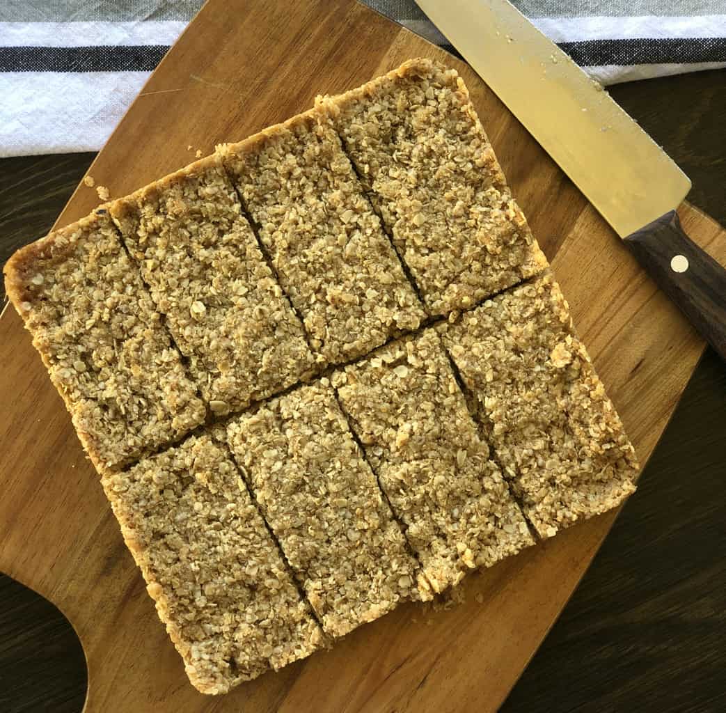 Rolled Oat Crunch, sliced while warm with a sharp knife