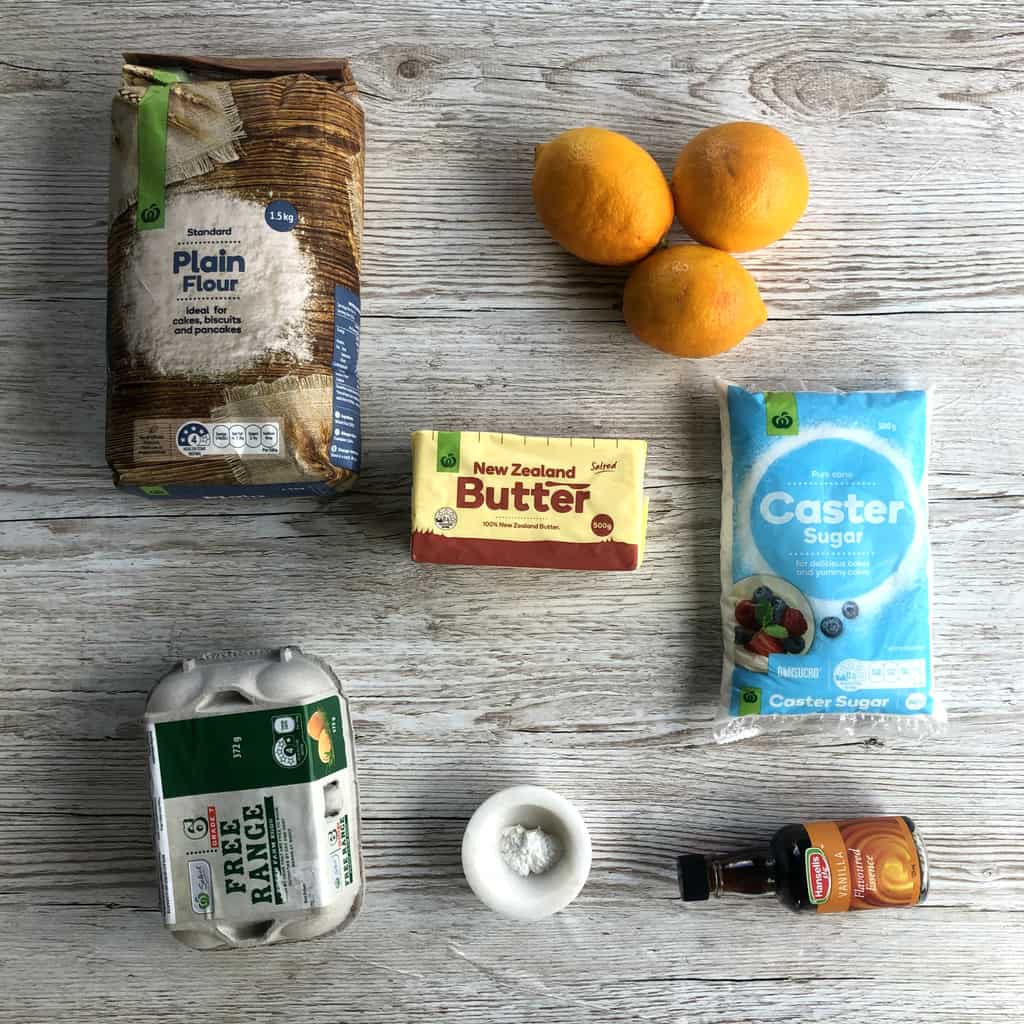 Overhead photo of the ingredients for the lemon squares, see the recipe for details. 