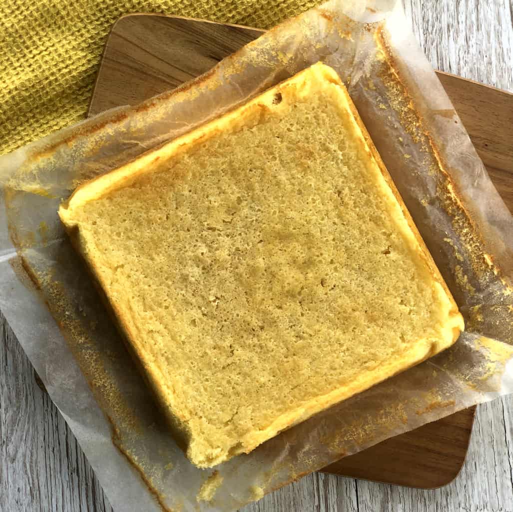 Overhead photo of the chilled lemon square before slicing 