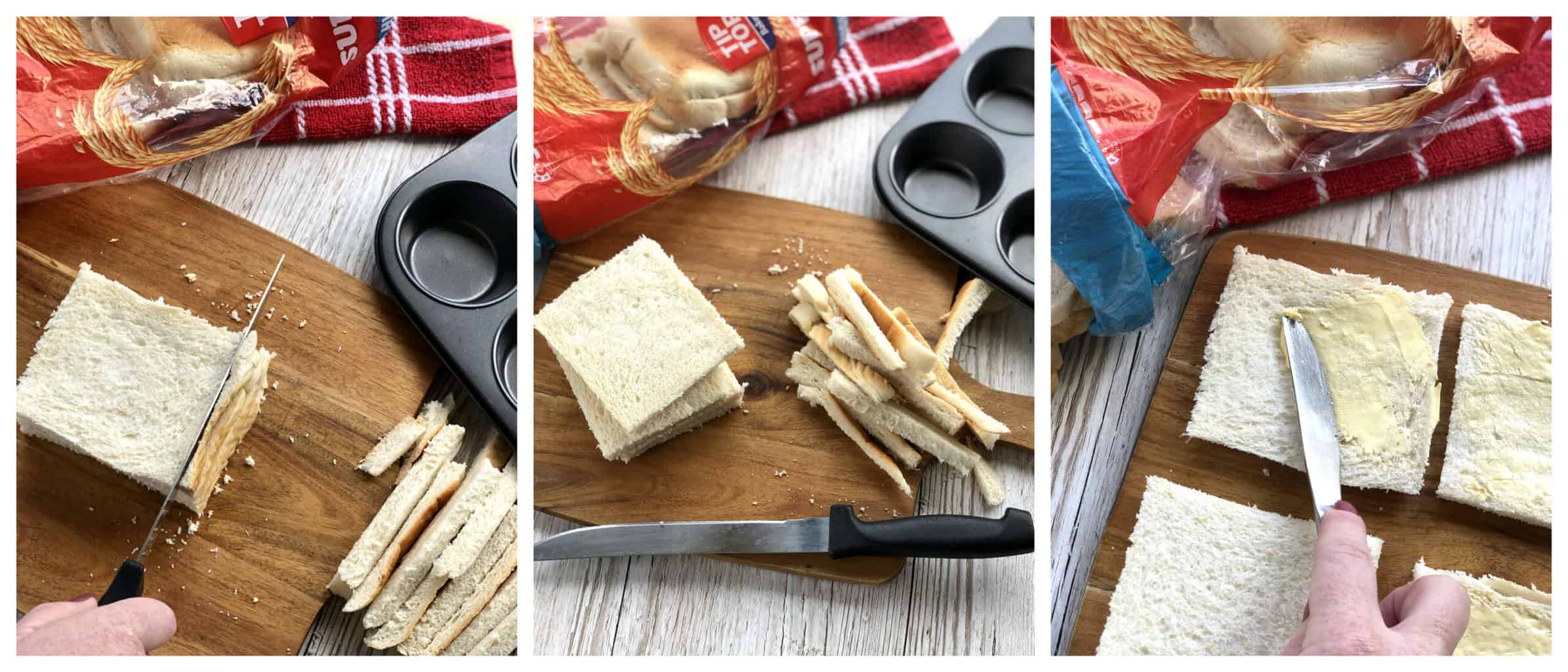 Photos showing how to prepare the bread for the savoury bread nests, removing the crusts and buttering the bread 