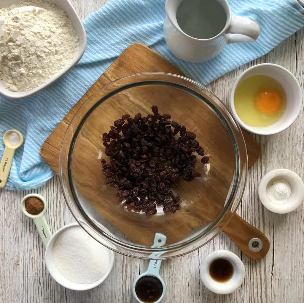 An overhead photo of the recipe ingredients prepared to pour in the bowl and bake