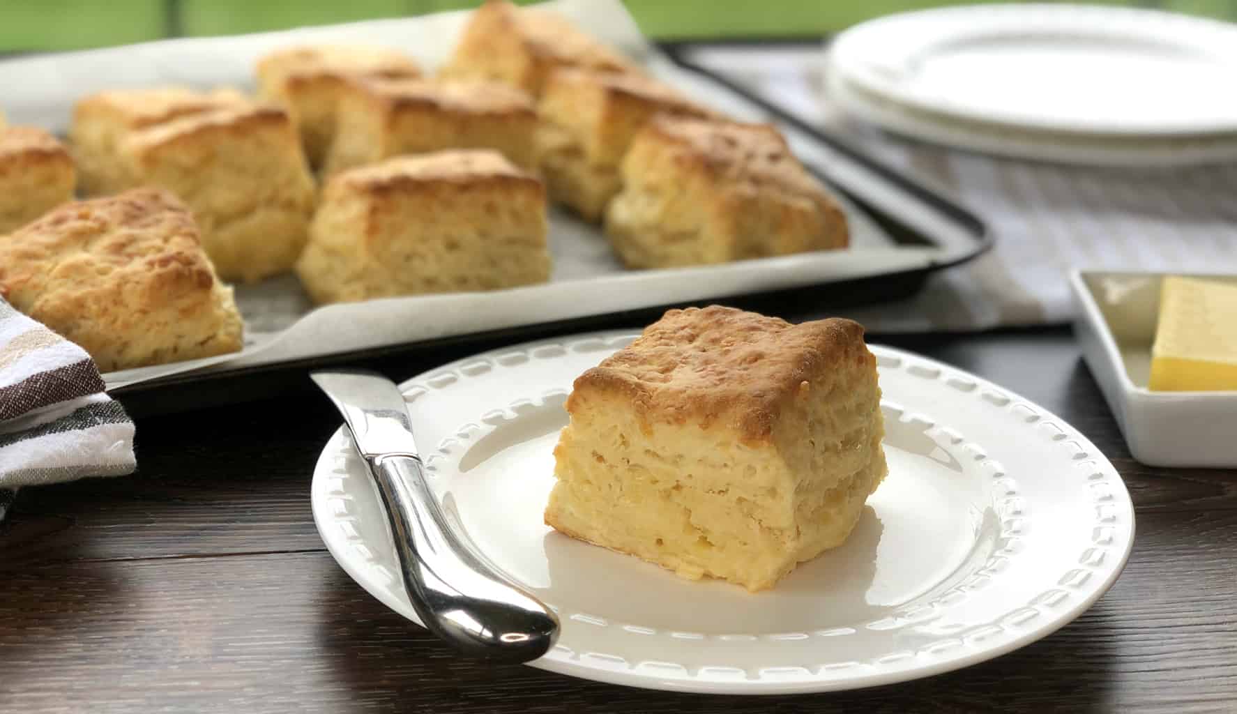 Light fluffy cheese scone on a white plate with a tray of scones in the background