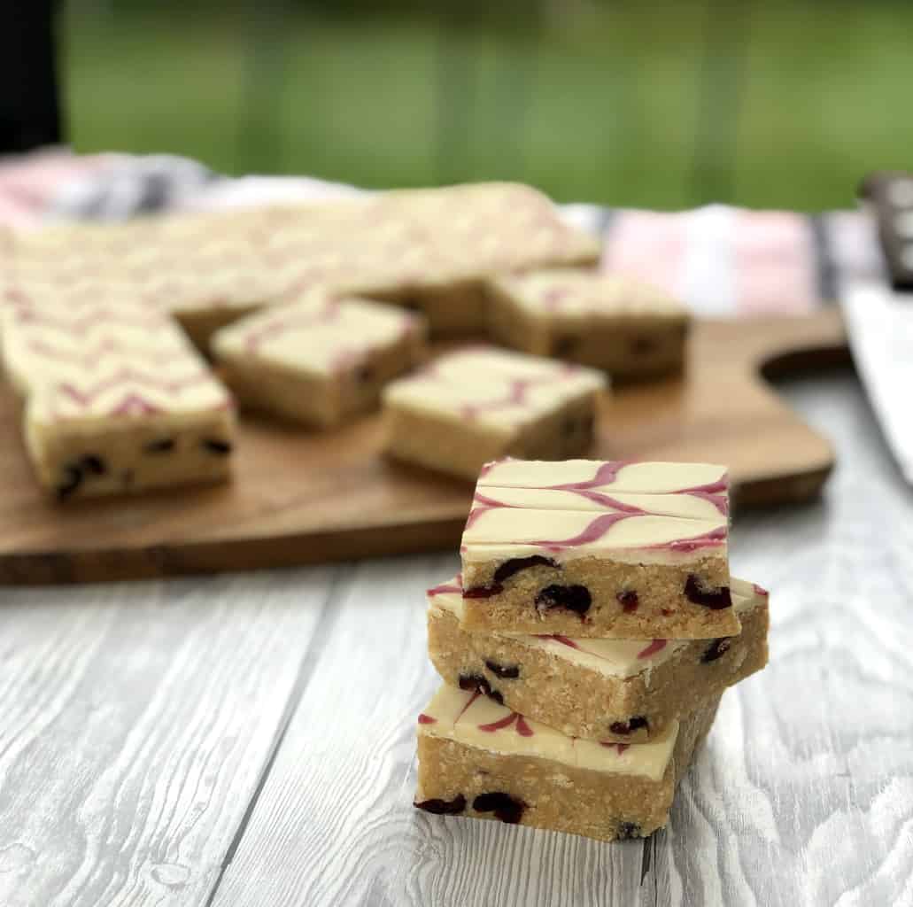 3 pieces of cranberry white chocolate no bake slice 