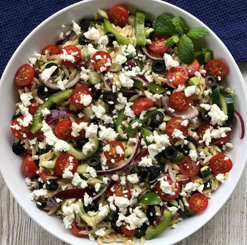 Overhead photograph of a Greek Orzo Salad