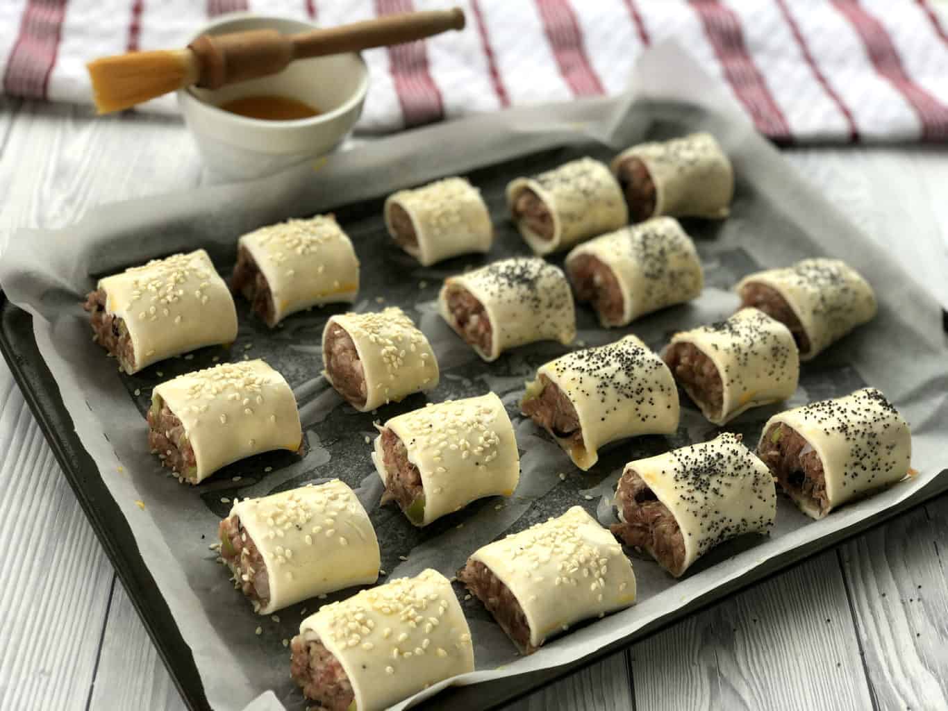 Sausage rolls ready to go in the oven