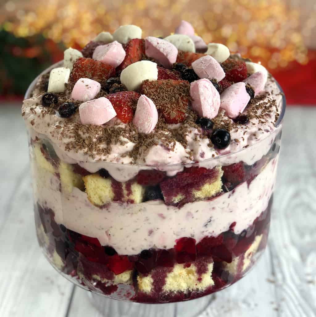 Ambrosia trifle with marshmallows, berries and more. 