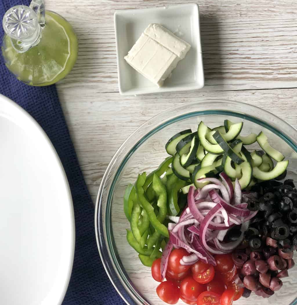 Overhead photo of ingredients for the greek salad 