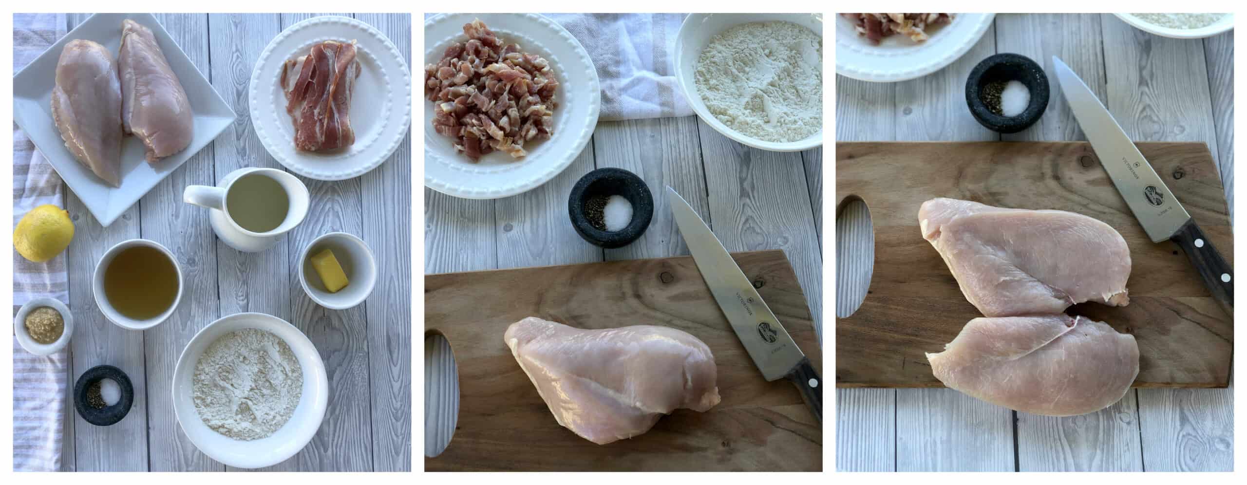 Collage showing the steps for how to prepare the chicken halves 